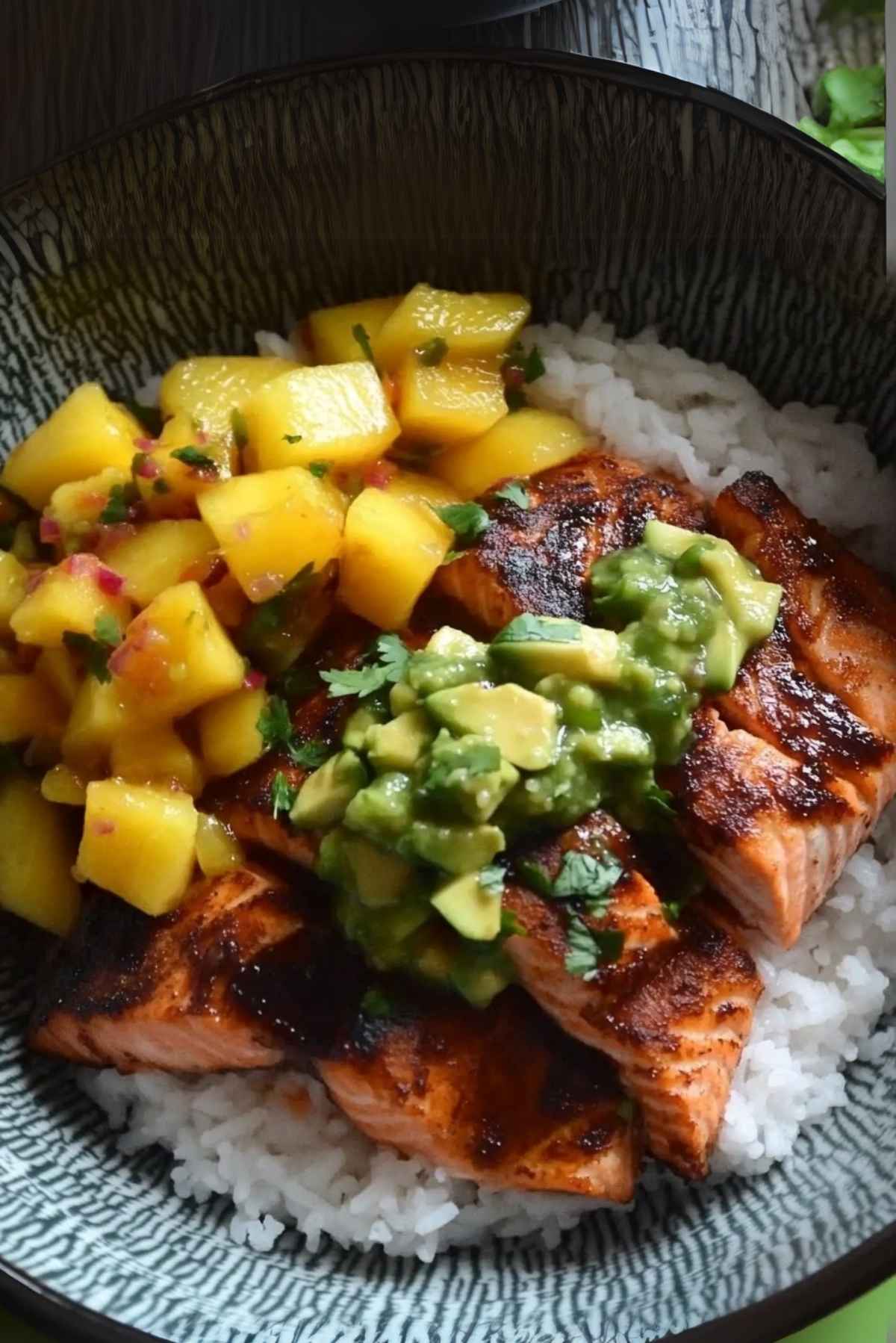 BBQ Salmon Bowls With Mango Avocado Salsa