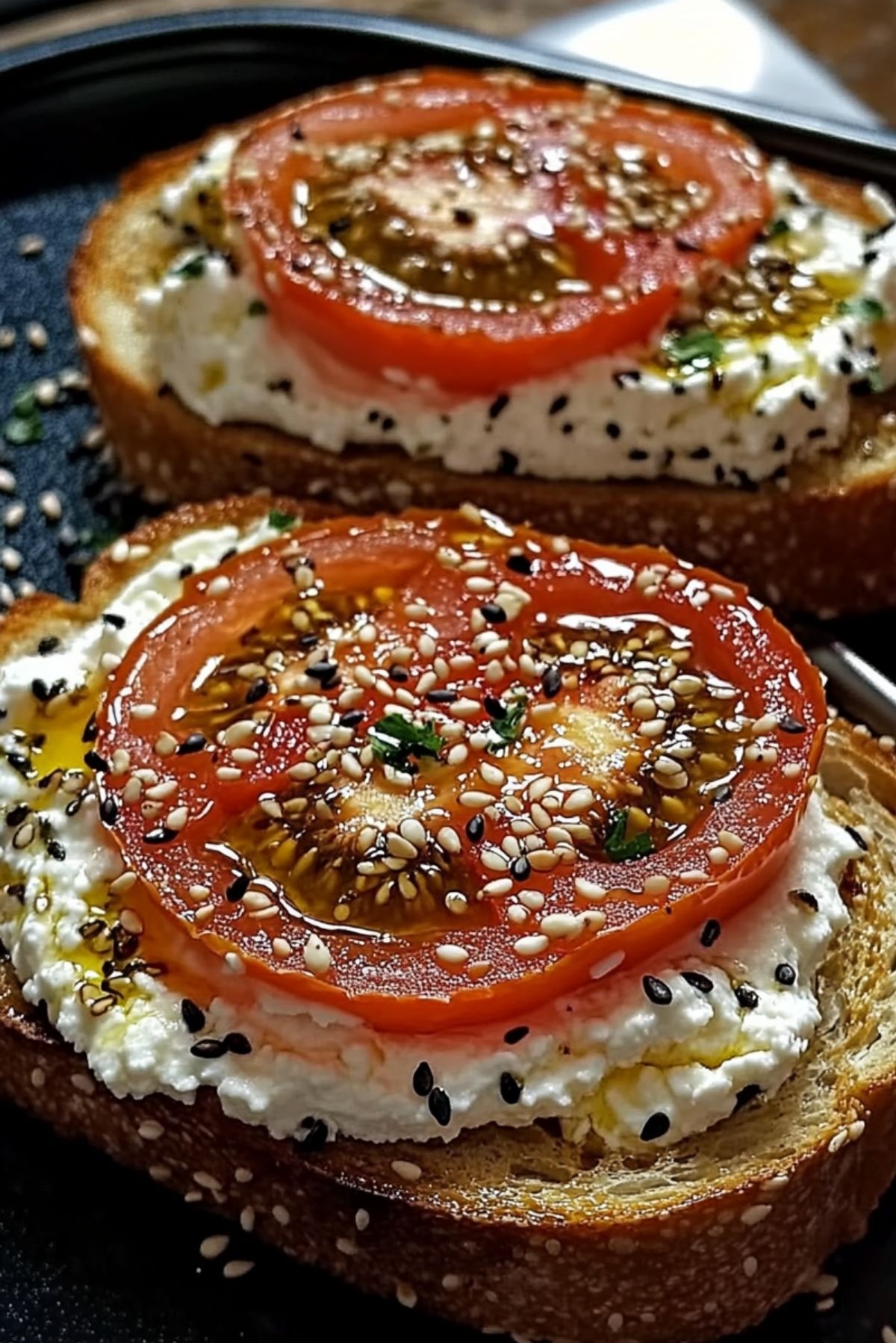 Ricotta & Tomato Toast with Sesame Seeds & Olive Oil – A Simple Yet Flavorful Bite