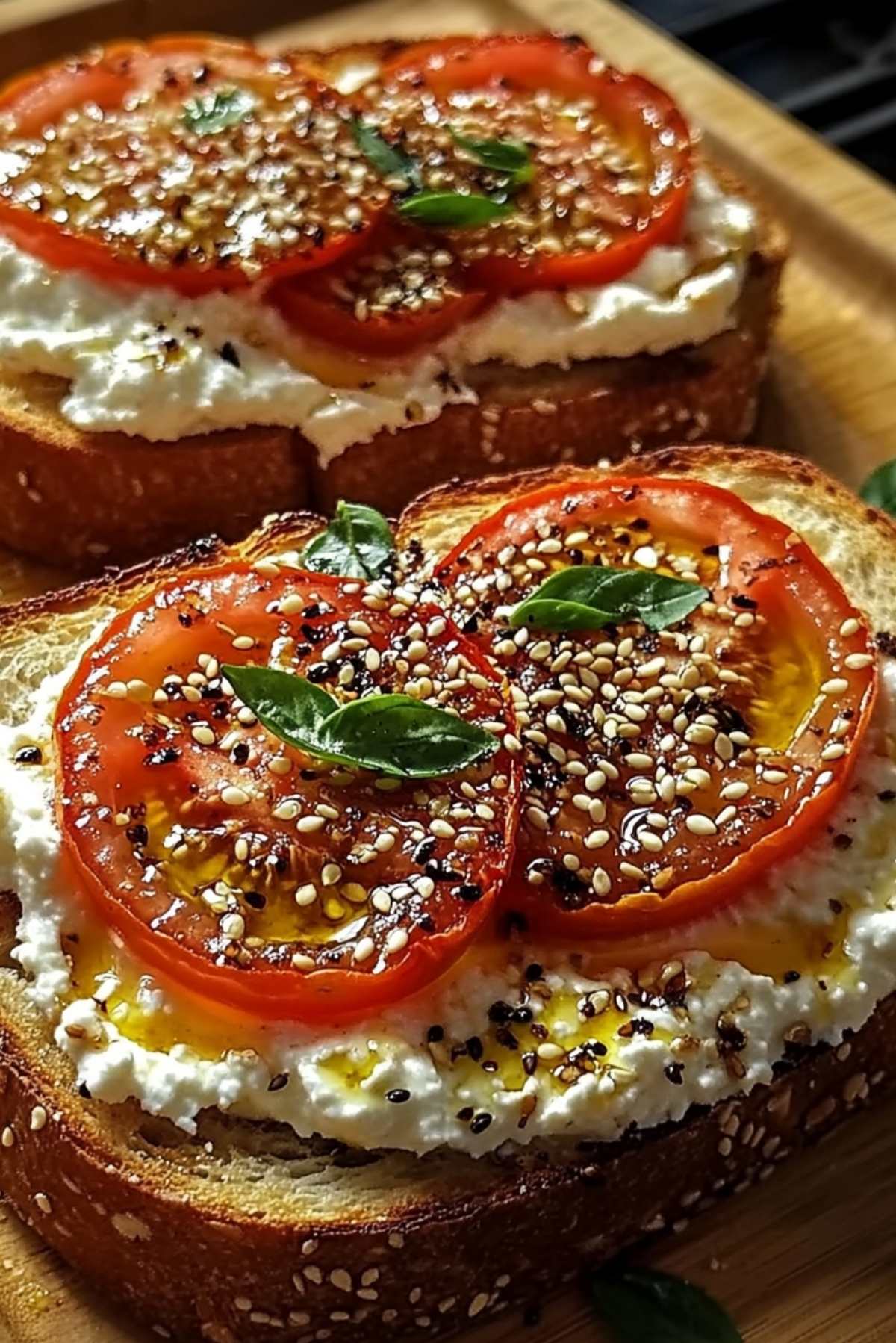 Ricotta & Tomato Toast with Sesame Seeds & Olive Oil